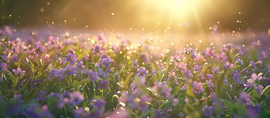 Poster - A field of wild violet flowers in the grass bathed in sunlight Spring summer ecology rural life authenticity cottagecore Copy space