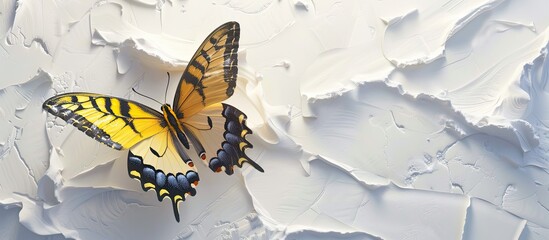 Poster - copy space featuring a stunning yellow swallowtail butterfly resting on white wallpaper with its win