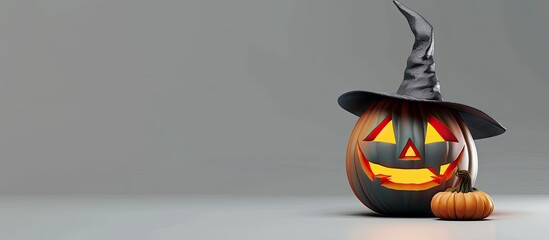 Halloween theme large Jack O Lantern wearing a witch hat against a grey background. Copy space image. Place for adding text and design