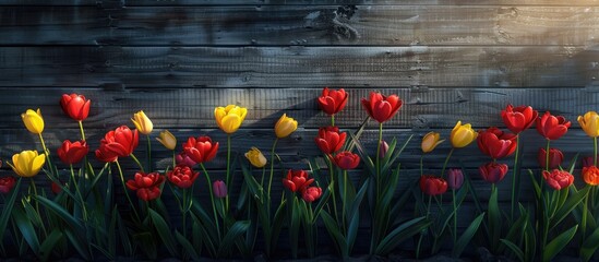 Poster - Red and yellow tulips illuminated by sunlight with a wooden background. Copy space image. Place for adding text and design