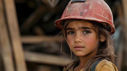 Wall Mural - A young girl wearing a hard hat, looking directly at the camera.