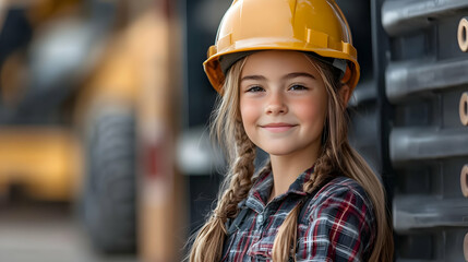 Poster - A young girl wearing a hard hat smiles confidently at a construction site.