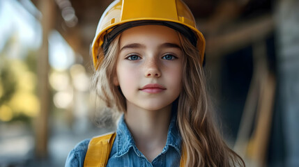 Canvas Print - A young girl wearing a hard hat, posing confidently at a construction site.