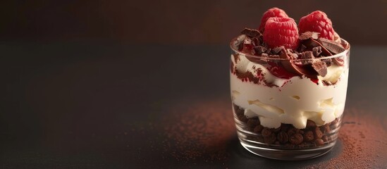 Sticker - Tiramisu dessert served in a glass Tiramisu cream topped with raspberry and chocolate. Copy space image. Place for adding text and design