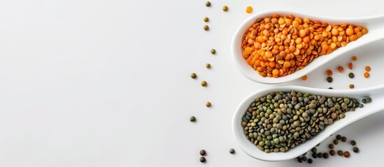 Assorted dried lentils in a white ceramic spoon. Copy space image. Place for adding text and design