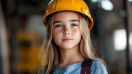 Poster - A young girl wearing a safety helmet in a workshop setting.