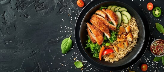 Canvas Print - Healthy dinner Top view flat lay Bowl for lunch featuring buckwheat porridge and fried chicken cutlets Black isolated background. Copy space image. Place for adding text and design