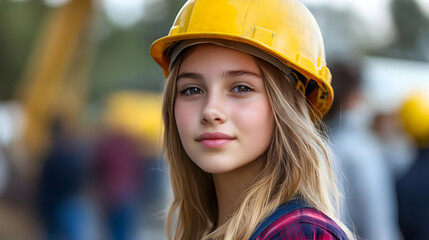 Canvas Print - A young girl wearing a yellow hard hat, smiling at the camera.