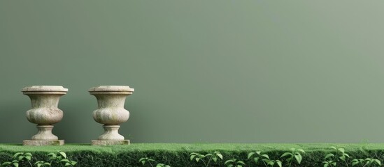 Poster - decorative stone pedestals on a green backdrop. copy space image. place for adding text and design