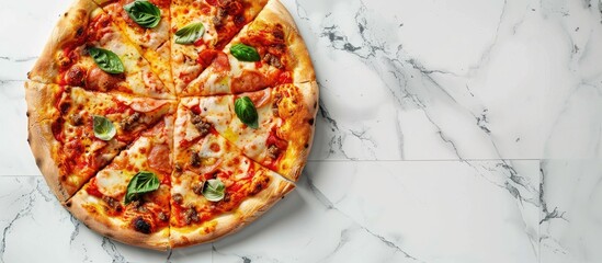 Canvas Print - Homemade sliced cheesy classic Italian pizza with toppings and olive oil on a white marble background with copyspace viewed from above