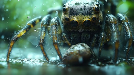 Wall Mural - Close-up of a spider in a wet environment, showcasing nature's details.