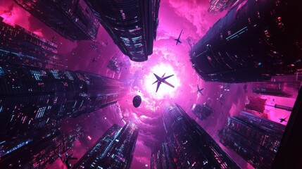 Wall Mural - Futuristic Cityscape with Pink Clouds and Spaceships