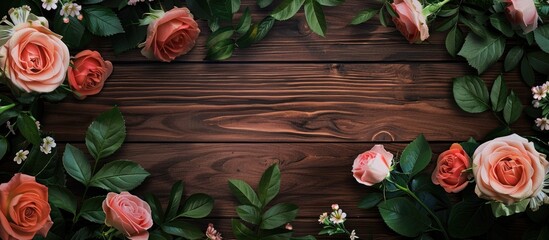 Canvas Print - Wallpaper featuring flowers and leaves showcasing a flat nature concept with rose floral designs A colorful spring flower background framed by flowers on a wooden surface Top view copy space for a bu