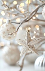 Wall Mural - Elegant Christmas star ornament hanging on a tree, surrounded by soft lights and festive decorations, creating a warm holiday ambiance.