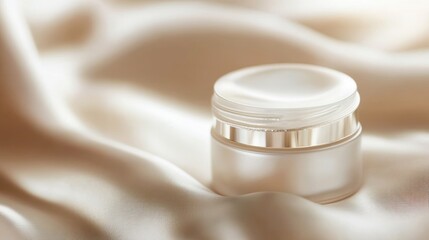 Elegant skincare cream jar on a soft fabric, ideal for beauty and wellness promotions. Perfect for cosmetic product photography.