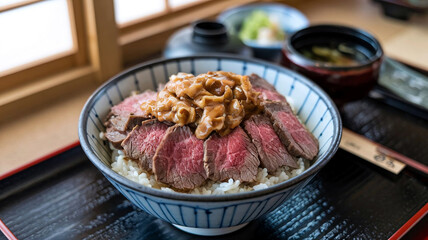 A delectable bowl of Gyudon, featuring tender Japanese beef over rice, served in a cozy restaurant setting, capturing the essence of authentic Japanese cuisine. 