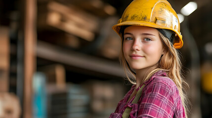 Poster - A young woman in a hard hat poses in a workshop setting.