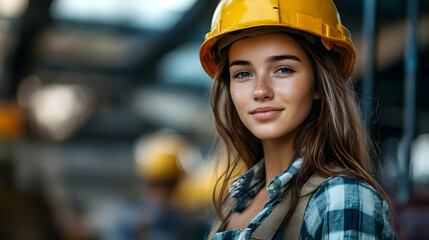 Canvas Print - A young woman in a hard hat smiles at a construction site.