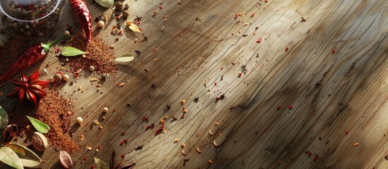 Canvas Print - Aromatic spices on a wooden surface. Copy space image. Place for adding text and design