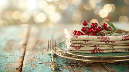 Canvas Print - Elegant holiday table setting with festive napkins and berries, capturing the warmth and joy of the Christmas season.