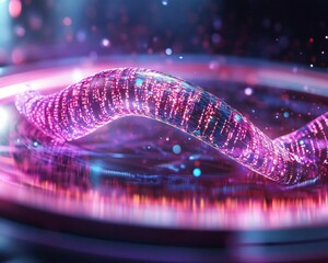 Poster - A vibrant, glowing wave of colorful light swirls through a futuristic landscape, creating an ethereal atmosphere.