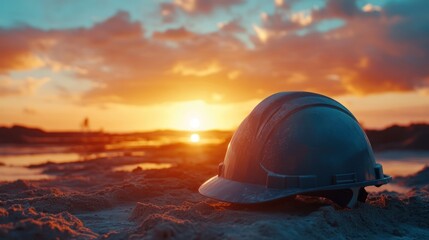 Portrait of construction helmet at sunset, civil construction.