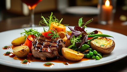 A plate of delicious food, including roast meat, vegetables and baked potatoes, is presented on an elegant dining table, giving a wonderful dining experience.