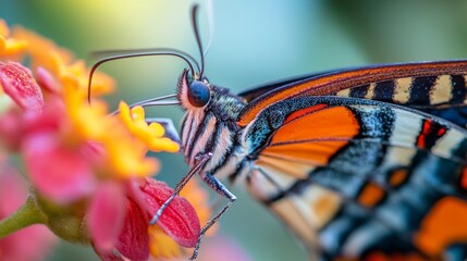 Poster - A macro shot of a colorful butterfly sipping nectar from a blooming flower, showcasing its delicate wings and antennae.