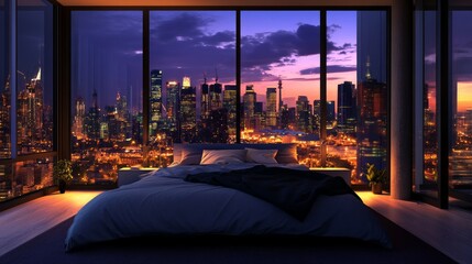 Wall Mural - Urban bedroom with soft lighting and striking night skyline view. Modern comfort concept. 3D Rendering