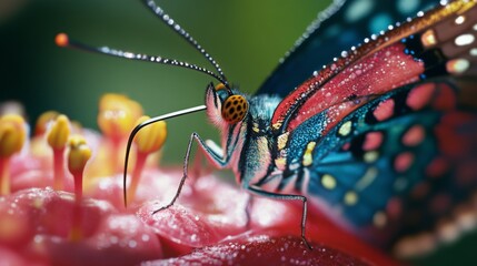 Aufkleber - A macro shot of a colorful butterfly sipping nectar from a blooming flower, showcasing its delicate wings and antennae.