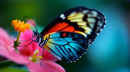 Aufkleber - A macro shot of a colorful butterfly sipping nectar from a blooming flower, showcasing its delicate wings and antennae.