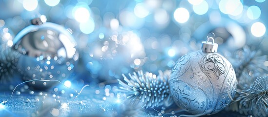 Poster - White and silver Christmas decorations featuring blue lighting. Copy space image. Place for adding text and design