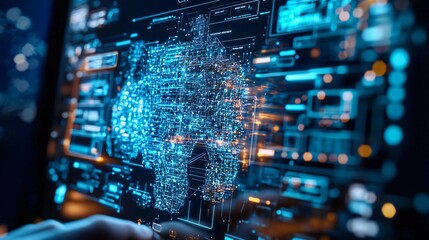Poster - Futuristic interface showcasing digital data analysis, featuring a glowing map and advanced technology interaction.