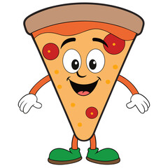 a cartoon illustration of a slice of pizza with a cheerful face. The pizza slice has large eyes, a smiling mouth, and is topped with pepperoni slices. It has arms and legs, with white gloves on 