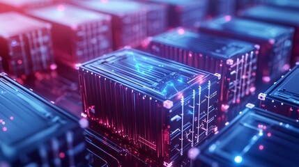Poster - Futuristic technology concept showcasing illuminated data storage units with vibrant colors in a digital environment.