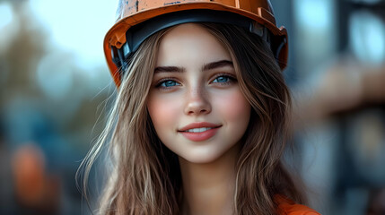 A young woman wearing a hard hat, smiling confidently.