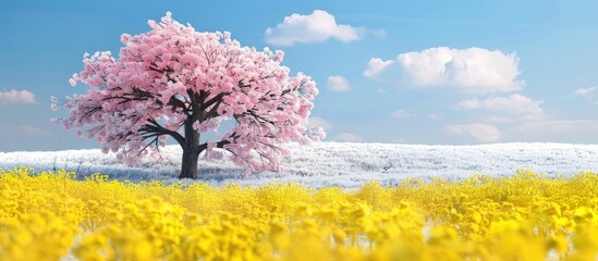 Poster - Yoshino cherry tree Nemophila menziesii and canola flowers. Copy space image. Place for adding text and design