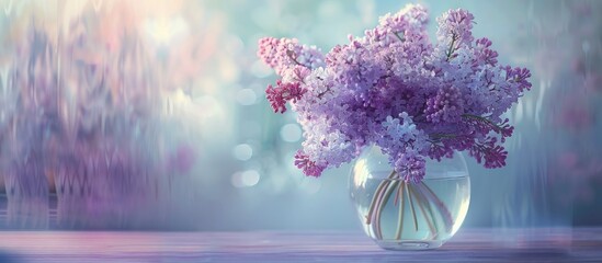 Poster - A vase filled with a bouquet of spring purple lilacs Soft focus Captured through glass. Copy space image. Place for adding text and design