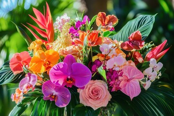 Poster - This vibrant bouquet showcases tropical flowers including orchids and anthuriums in a bold and colorful arrangement. Generative AI