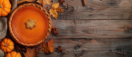 Wall Mural - Frame of orange pumpkin pie gourds autumn leaves and spices on a wooden background Thanksgiving Day culinary recipe menu theme Top view flat lay copyspace mock up