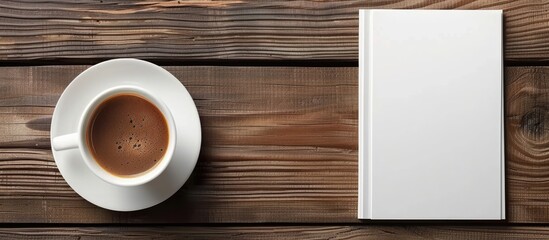 Cup of coffee and empty notebook on the wood. Copy space image. Place for adding text and design