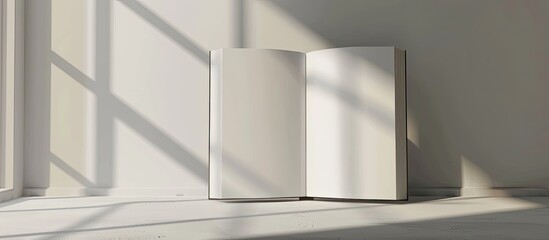 Poster - A blank white book projects a shadow on a simple background with copy space Sunlight produces an artistic design evoking a calm and creative environment for ideas