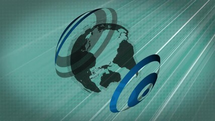 Poster - Rotating globe with blue rings animation over green digital background