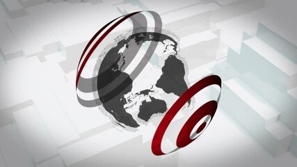 Poster - Rotating globe animation with red and white rings over abstract geometric background