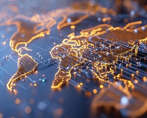 Poster - A glowing world map with intricate lines and connections, representing global communication and technology.