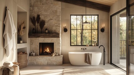 Wall Mural - Modern cabin bathroom with a stone fireplace and cozy atmosphere.