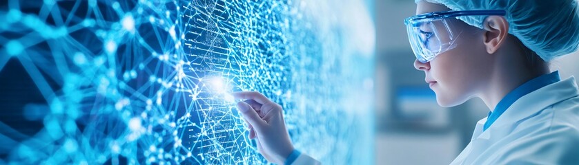 Poster - A scientist interacts with a digital interface, exploring advanced technology and research in a modern laboratory setting.