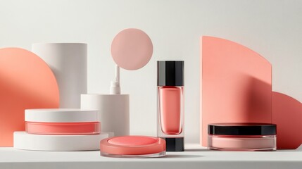 Poster - A modern display of cosmetic products including BB cream, blush, and eyeshadow, set against a white background to emphasize their high-quality packaging and design