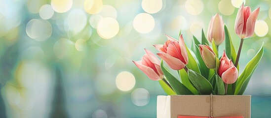 Canvas Print - Carton a cardboard box adorned with fresh spring tulips. Copy space image. Place for adding text and design