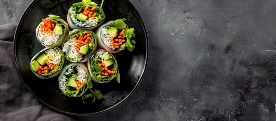 Canvas Print - Fresh handmade vegan Asian spring rolls featuring rice noodles avocado carrots and tahini dressing on a black plate. Copy space image. Place for adding text and design